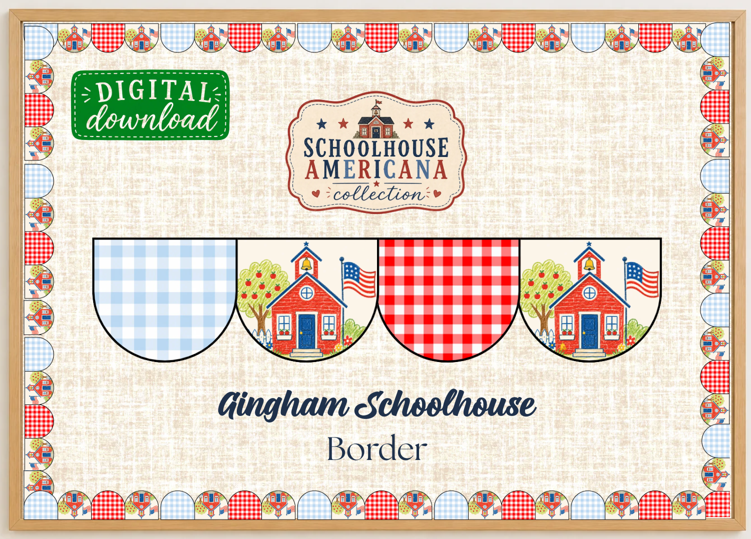 Gingham Schoolhouse Printable Bulletin Board Border | Schoolhouse Americana Collection | Digital Classroom Decor