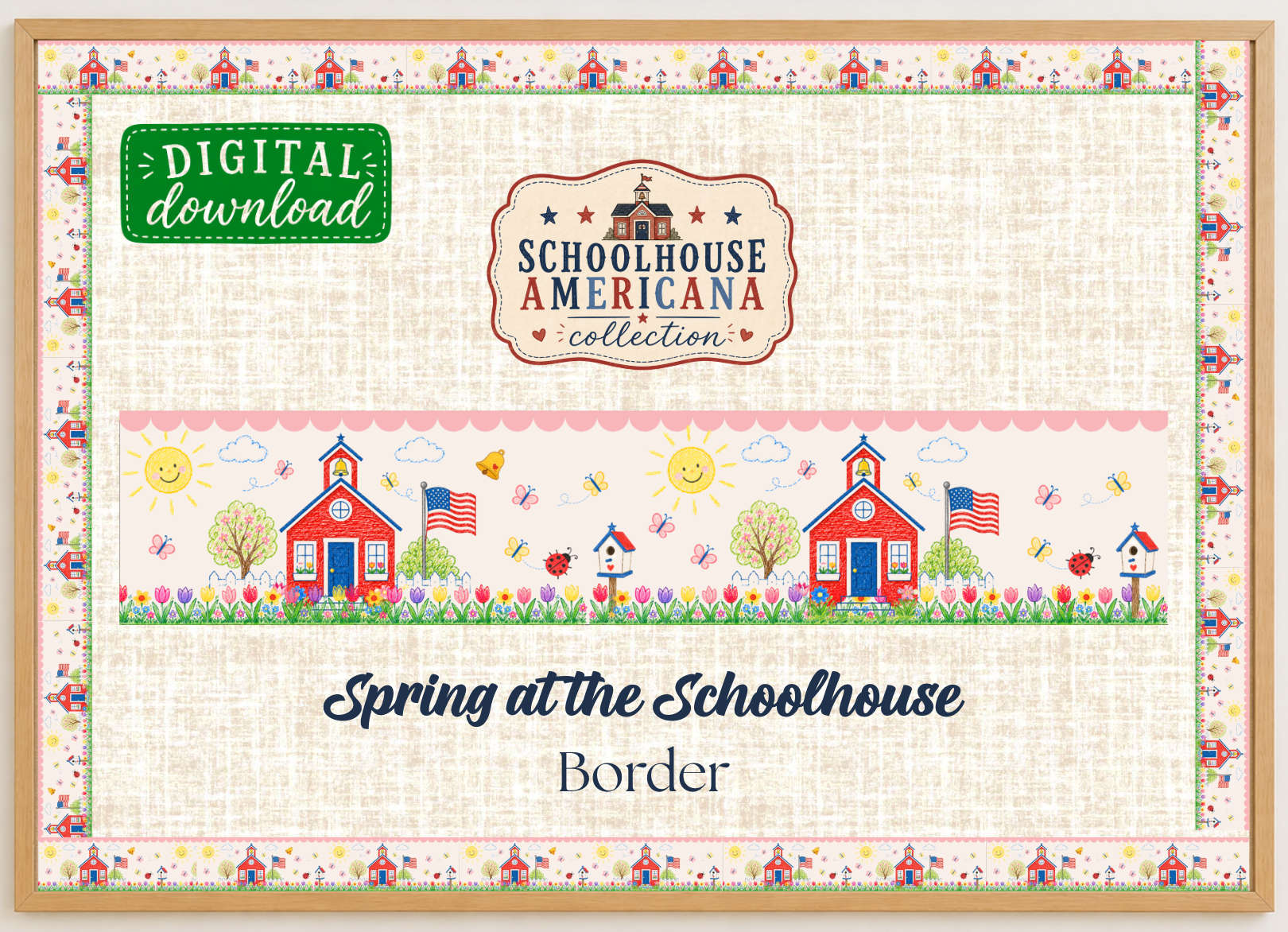 Spring at the Schoolhouse Printable Bulletin Board Border | Schoolhouse Americana Collection | Digital Classroom Decor